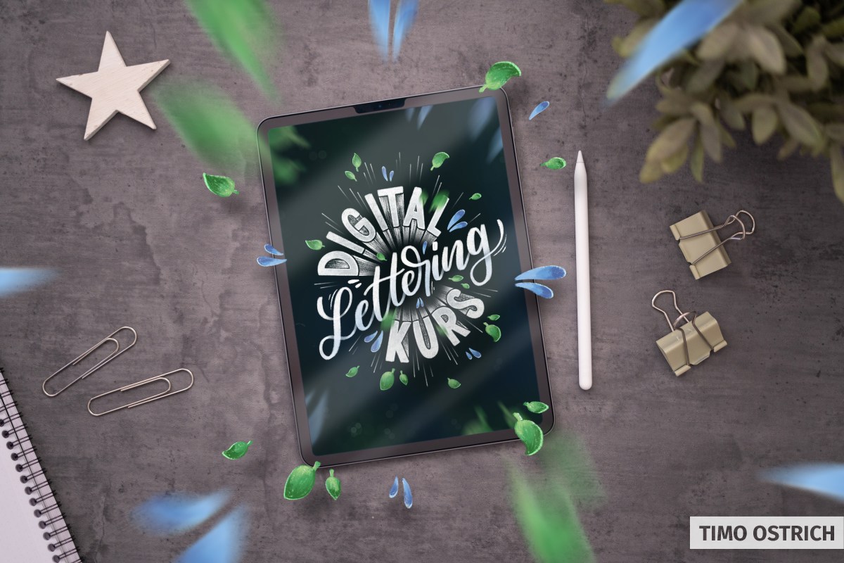 Freigegebenes Originalmotiv Digital Lettering Kurs mit gestaltetem Schriftzug auf einem iPad.