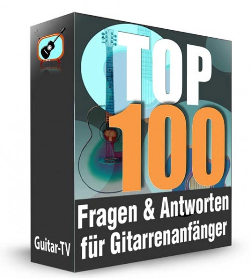 Offizielles Werbemotiv für 100 Fragen und Antworten für Gitarrenanfänger.