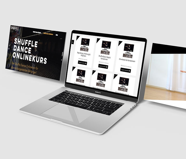 Original-Kursmotiv von Shuffle Dance Munich mit Laptop und Trainingsansicht.